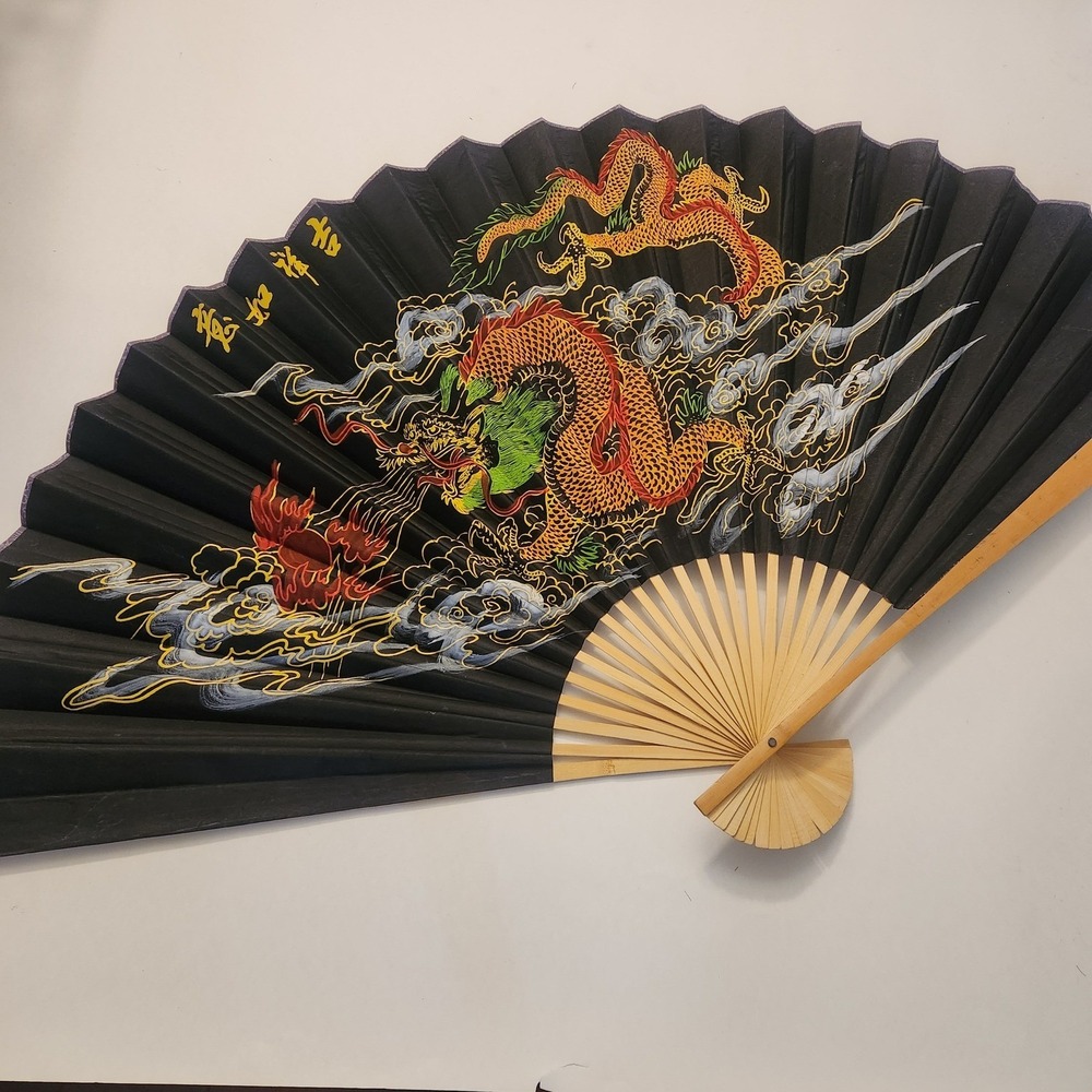 Large Vintage Chinese Dragon Folding Wall Fan Black Bamboo Hand Painted 35x60